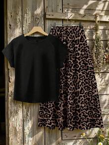 EMERY ROSE 女士度假休闲纯色上衣+印花半裙套装（2件套），女士夏季服装，夏季半裙套装，半裙上衣套装，女士半裙上衣套装，印花半裙套装 - 棕色 - 查看 6