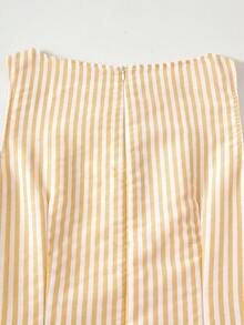 SHEIN 少女休闲度假通勤条纹印花无袖束腰连衣裙，夏季 - 黃色 - 查看 6