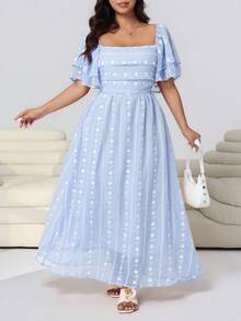 Solflare Plus Size Women's Embroidered Square Collar Ruffle Sleeve Elegant Dress - Baby Blue - View 1