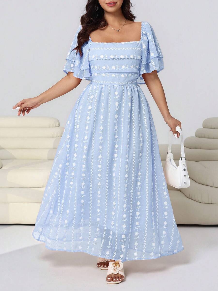 Solflare Plus Size Women's Embroidered Square Collar Ruffle Sleeve Elegant Dress - Baby Blue - View 1
