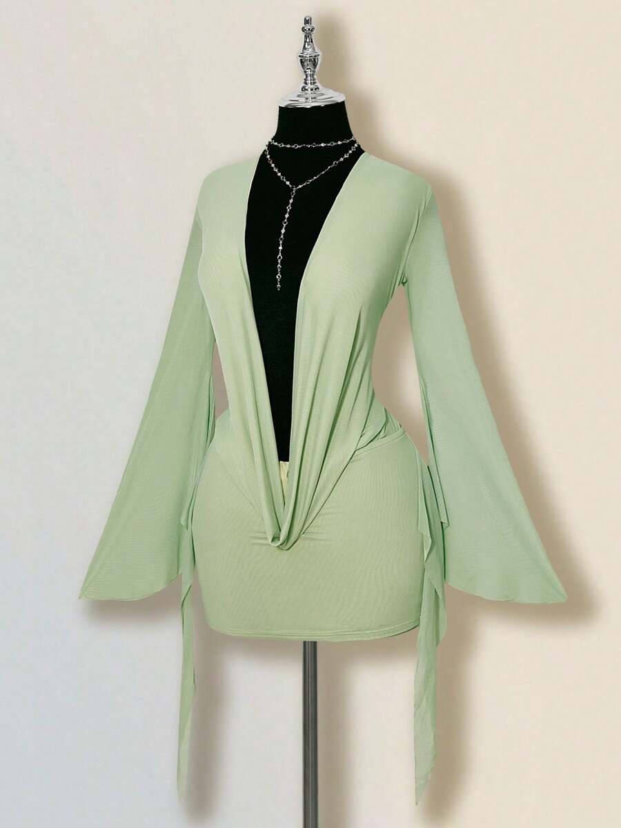 SHEIN ICON Đầm ngắn gợi cảm, rộng thùng thình, cổ khoét sâu, phối lưới, hở lưng. - Màu xanh Bạc hà - Xem 1