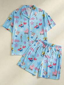 SpongeBob SquarePants | SHEIN 男士卡通印花睡衣套装 - 淺藍色 - 查看 1
