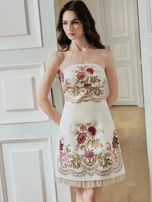 Anewsta 新款夏季印花收腰优雅A字网纱拼接连衣裙 - 白色 - 查看 5