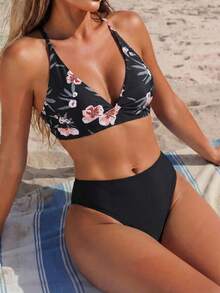 SHEIN Swim Conjunto de bikini con estampado floral de verano - Negro - Ver 2