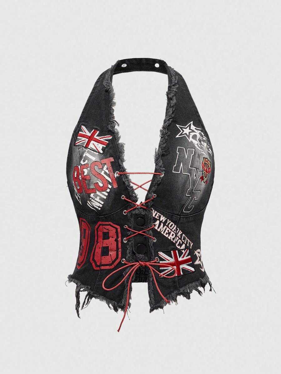 ROMWE Grunge Punk Spring/Summer Plus Size Summer Fashionable Street Style Washed Letter Graphic Criss-Cross Halter Denim Top - Black - View 1