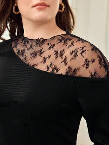 MOTF PREMIUM BLUSA DE ENCAJE Y PUNTO PARA MUJER TALLA GRANDE, NEGRA - Negro - Ver 2