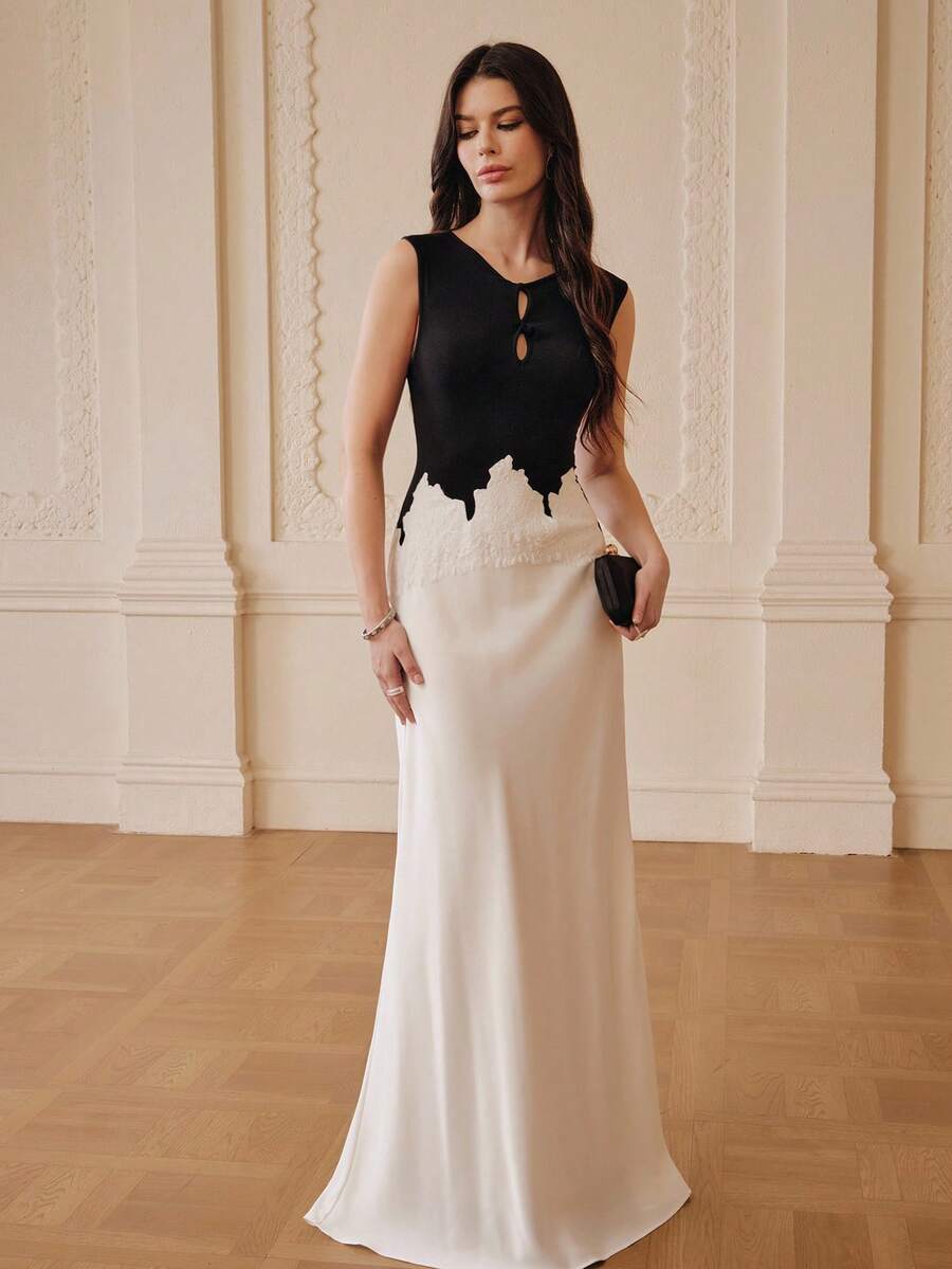 ZEYLAH Elegant Lace Patchwork Colorblock Fitted Dress, Spring/Summer - Black and White - View 1
