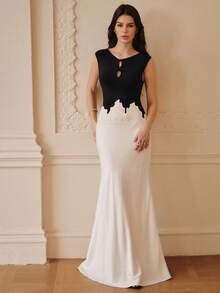 ZEYLAH Elegant Lace Patchwork Colorblock Fitted Dress, Spring/Summer - Black and White - View 5