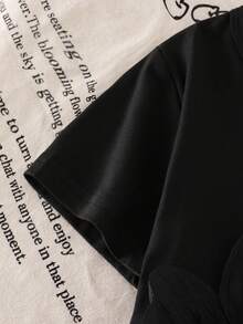 SHEIN Elladie kids 女童休闲黑色短袖立体印花T恤搭配黑色喇叭裤两件套，优雅夏季套装 - 黑色 - 查看 7
