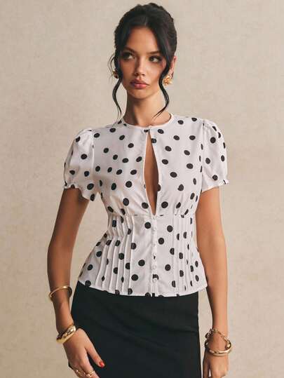 Poéselle Women's Polka-Dot Keyhole Corset Peplum Blouse – White Short Puff-Sleeve Button-Down Vintage Chic Top Polka Dot Blouse Puff Sleeve Top Keyhole Blouse Corset Waist Shirt Peplum Blouse Vintage Chic Top Retro Polka Dots Summer Workwear Women Sexy Polka Dot Print Hollow Out Blouse, Summer Summer Tops Easter Dress Women Festival Outfits For Women Beach Outfits Wedding Elegant Women's Blouses Beach Vacation Outfits For Women Women's Social Blouse Y2k Work Outfits For Women Country Concert Outfit White Top White Blouse