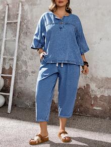 EMERY ROSE Mature Denim Plus Size Casual Vacation Top And Denim Pants 2 Pieces Set - Medium Wash - View 3