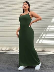 GalTyme 大码女式夏季橄榄绿吊带休闲连衣裙 - 軍綠色 - 查看 3