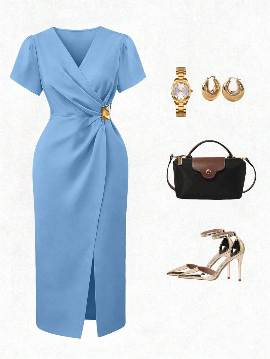 Franclia Đầm dài tay ngắn màu xanh dương trơn dành cho nữ, kiểu dáng thanh lịch, cổ chéo, xếp ly, trang trí khóa kim loại, thích hợp cho tiệc tốt nghiệp, cosplay, trang nhã, thời trang, thường ngày, đi làm, công sở. - Màu xanh lam - Xem 1