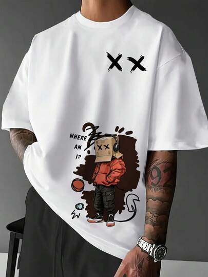 Manfinity EMRG Chaqueta roja con estilo de graffiti callejero, pantalones cargo, máscara de cabeza de cartón, camiseta casual a juego con gráfico "¿Dónde estoy?" de cuello redondo, joven y rebelde, anti-mainstream