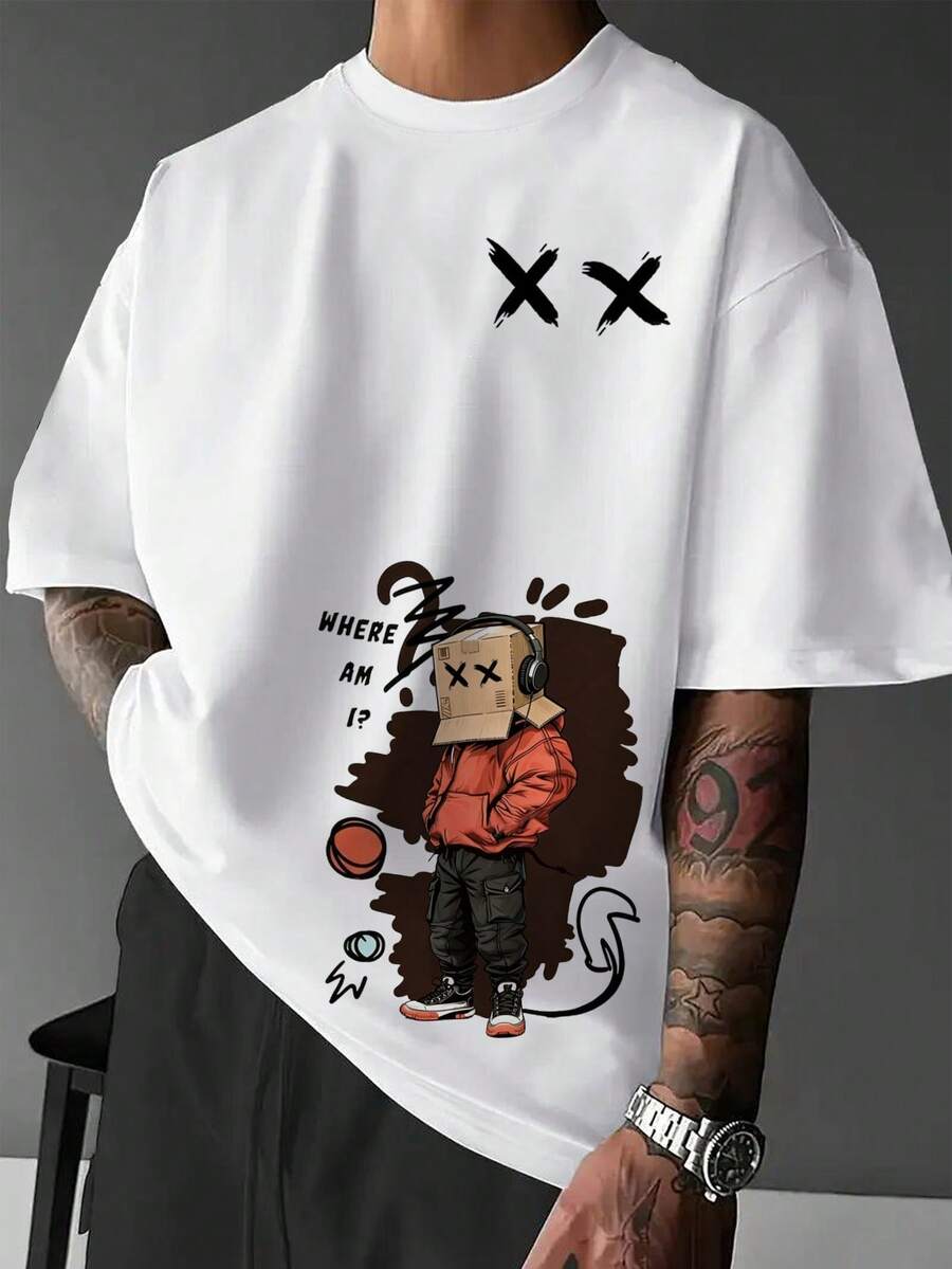 Manfinity EMRG Men's Street Graffiti Style Red Jacket, Cargo Pants, Cardboard Head Mask, Matching "Where Am I" Graphic Round Neck Casual T-Shirt, Young And Rebellious, Anti-Mainstream - Multicolor - View 1