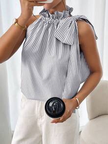 SHEIN LUNE Blouse sans manches à col à volants et nœud papillon à rayures grises pour femmes, top élégant d'été pour tea party à la française, brunch et tenue décontractée chic, nouveau modèle à col licou - Gris - Voir 4