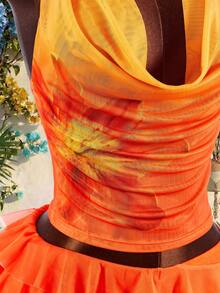 Amplova 女士两件套：深V领上衣+层叠荷叶边网纱裙，性感前卫 - 亮橙色 - 查看 8