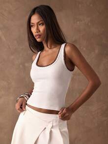 SHEIN BAE 94Cotton Women's Contrast Embroidered White And Brown Ribbed Camisole,Summer Casual Everyday Chic Off-Shoulder Top For Music Festivals And Parties - White - View 8