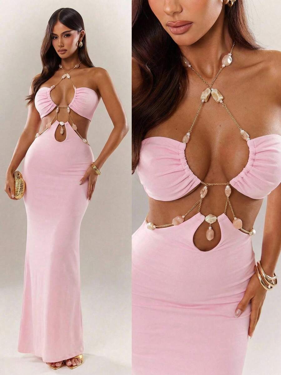 Đầm ôm sát màu hồng khoét rỗng đính hạt, gợi cảm, thanh lịch, lãng mạn dành cho nữ, hở lưng, cổ thấp, thích hợp cho kỳ nghỉ, hẹn hò, tiệc tùng, câu lạc bộ, cocktail, buổi tối, hòa nhạc, kỳ nghỉ trên đảo, bãi biển, trang phục đi nghỉ mát. - Hồng - Xem 1