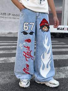 SHEIN 青少年男孩時尚返校街頭風混搭百搭設計 Y2k 街頭風 6-7 款大膽圖案彩色印花丹寧滾邊舒適寬鬆牛仔褲 兒童青少年男孩日常穿搭 春夏電音節慶街頭風 - 藍色 - 查看 2