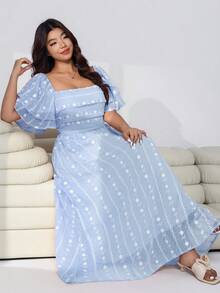 Solflare Plus Size Women's Embroidered Square Collar Ruffle Sleeve Elegant Dress - Baby Blue - View 7