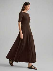 Ontre Women's Dark Brown Elegant Maxi Dress,Solid Color Elastic Fabric Waist Cinched A-Line Silhouette,Autumn Long Sleeve Brunch Casual Office Wear Dress - Brown - View 1