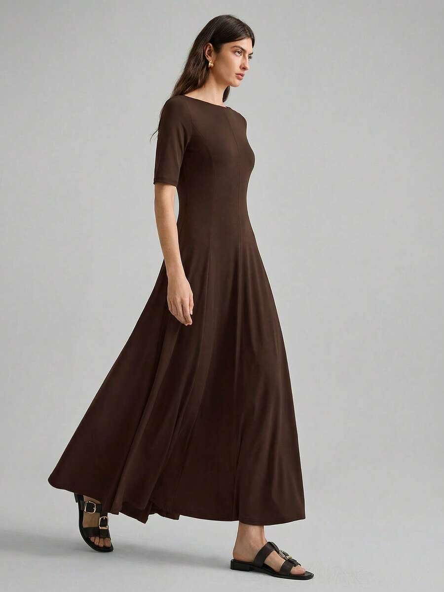 Ontre Women's Dark Brown Elegant Maxi Dress,Solid Color Elastic Fabric Waist Cinched A-Line Silhouette,Autumn Long Sleeve Brunch Casual Office Wear Dress - Brown - View 1