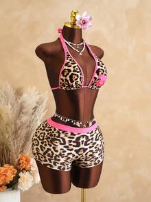Swim Vcay Leoparden-Muster Sport Bikini Set, geeignet für Frühling/Sommer Strand Leoparden-Muster Bademode Bikini Shorts Neckholder Bikini Top Coachella - Verschiedenfarbig - Übersicht 4