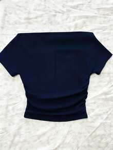 Glimmora Women's Summer Embroidered Floral Off-Shoulder Short Sleeve Slimming T-Shirt - Navy Blue - View 2