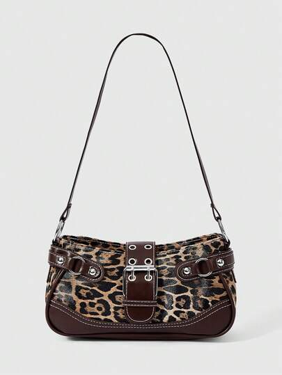 ROMWE Grunge Punk 新款时尚搭扣豹纹手提包/单肩包，适合派对、外出、度假、购物和日常使用，可存放硬币、手机，也适合白领、大学生和上班族作为工作包，优雅女士包。