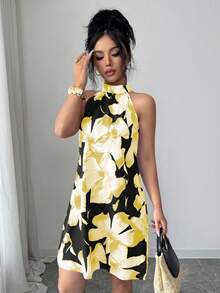 SHEIN Elenzya 新款春夏大碎花无袖连衣裙，优雅休闲度假沙滩装，女士 - 黑色 - 查看 6