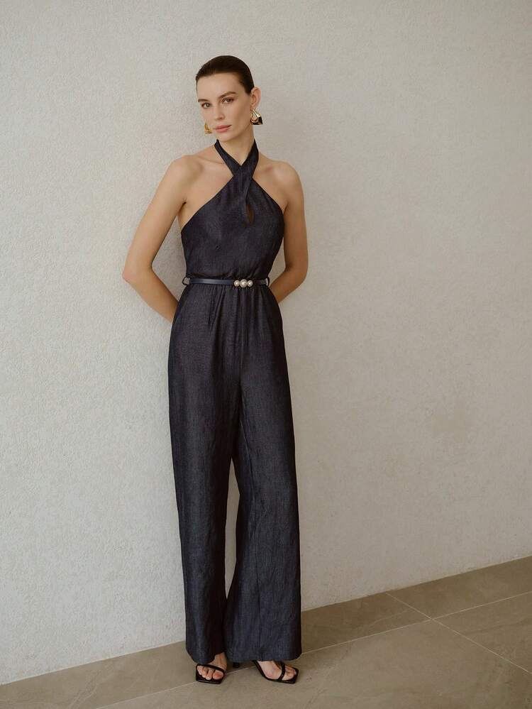 WOMEN'S FASHIONABLE EMBROIDERED BELTED CRISSCROSS HALTER NECK BACKLESS JUMPSUIT