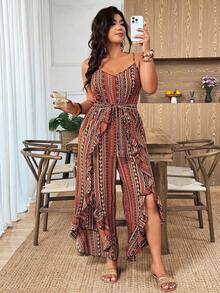 Weeklong Plus Size Women's Printed Spaghetti Strap Ruffle Hem Jumpsuit, Casual Vacation Outfit - Yellow - View 5