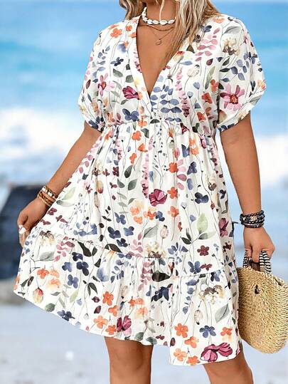 EMERY ROSE Đầm ngắn tay cổ chữ V in hoa ngẫu nhiên cỡ lớn dành cho nữ, trang phục mùa hè, đầm maxi phong cách boho, đầm lễ Phục Sinh dành cho nữ.