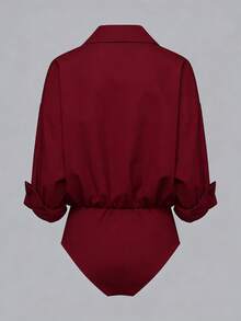Airaco Casual Loose Open Front Printed Long Sleeve Shirt Bodysuit For Women - Burgundy - View 2