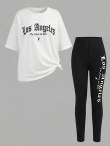 Bộ đồ thường ngày cho bé gái tuổi teen: Áo thun trắng in chữ xanh và quần legging xanh. - Đen và trắng - Xem 5