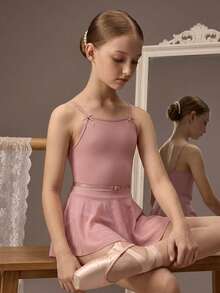 Tween Girls' Pink Minimalist High Stretch Fabric Sleeveless Leotard With Bow Tie And Mesh Cutout, Suitable For School, Professional Training, Ballet, Gymnastics, Dance Studio Practice Ballet Dress Kids Kids Ballet Outfit Girls Dance Wear Ballet Clothes For Girls Dance Outfit For Kids - Pink - View 1