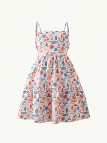 SHEIN Conjunto de 2 peças de vestido de alça casual de praia de verão para meninas pré-adolescentes, em cor sólida e estampa tropical all-over - Multicolorido - Visão 6