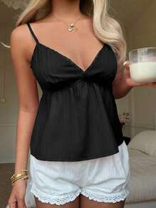 CovetEZ Áo camisole nữ màu đen có bèo nhún ở gấu áo, kiểu dáng thường ngày. - màu đen - Xem 3