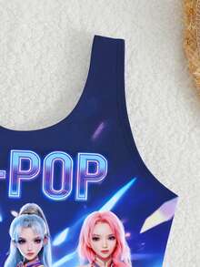 1pc Young Girl Letter & Portrait Graphic One-Piece Swimsuit, Suitable For Swimming, Summer Vacation, Beach, Pool, Party - Multicolor - View 5