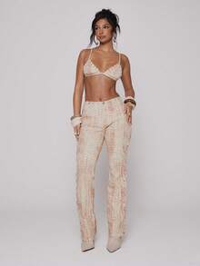 MUSERA 蛇纹牛仔布镂空系带修身喇叭裤，春夏节日性感伊比沙岛度假风Y2K牛仔解构主义风格 - 彩色 - 查看 5