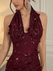 Poshira Luxury Evening Gown, Sequin 3D Floral Decor, Elegant High-End Formal Dress For Gala - Burgundy - View 6