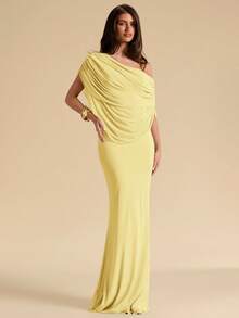 SHEIN BAE Đầm xanh bạc hà trễ vai xếp ly ôm sát thanh lịch, đầm ôm sát thanh lịch, đầm xòe thướt tha - Màu vàng - Xem 5