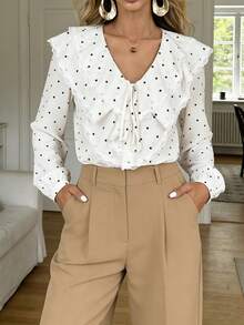 SHEIN PETITE Mẫu áo sơ mi cổ bẻ tay dài, viền bèo nhún và điểm nhấn thắt nơ, phối bèo nhún tương phản, kiểu dáng đơn giản, thoải mái, thích hợp cho công sở. - trắng - Xem 5