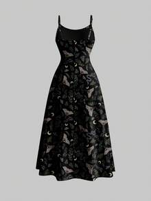 ROMWE Goth Vestido ajustado y sexy con estampado de mariposa, serpiente, polilla y hoja, de estilo gótico oscuro y misterioso, para la playa y vacaciones - Negro - Ver 2