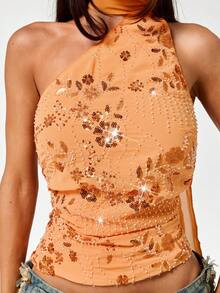 SHEIN ICON Top sin mangas con cuello de halter con cuentas naranja para mujer, conjunto de vacaciones/playa de ajuste ceñido - Naranja - Ver 7
