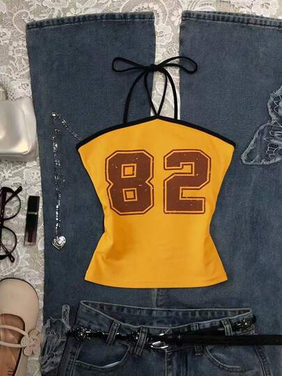 Rovax 数字印花撞色滚边修身露背吊带上衣