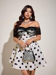 SHEIN Galaire Plus Size Women's Polka Dot Off Shoulder Mesh Ruffle Waist A-Line Mini Dress, Elegant Date Outfit - Multicolor - View 1