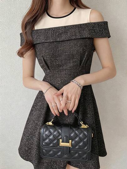 FRIFUL 女士优雅通勤撞色露肩A字短连衣裙，夏季