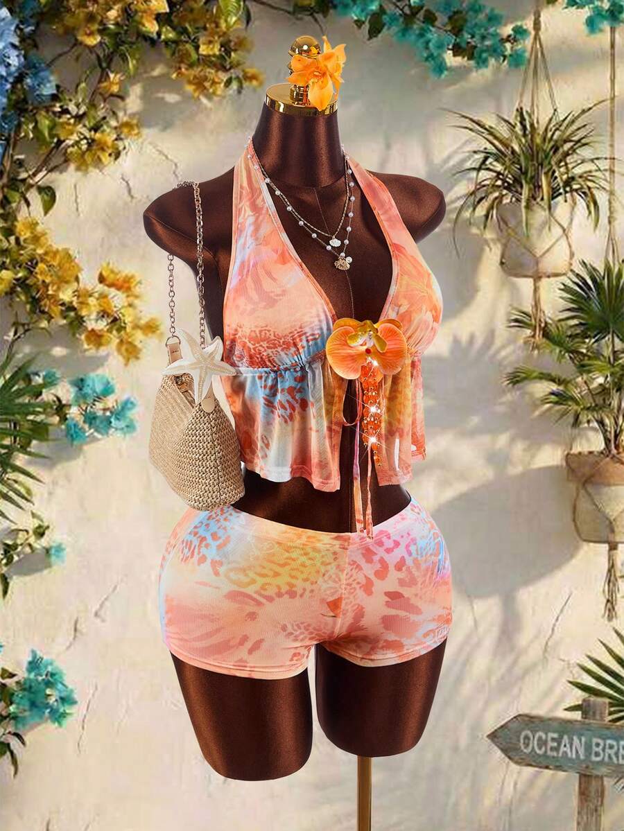 Amplova Conjunto de 2 piezas con top de cuello halter en V profunda y shorts mini a rayas de talle súper bajo con lazo en la cintura